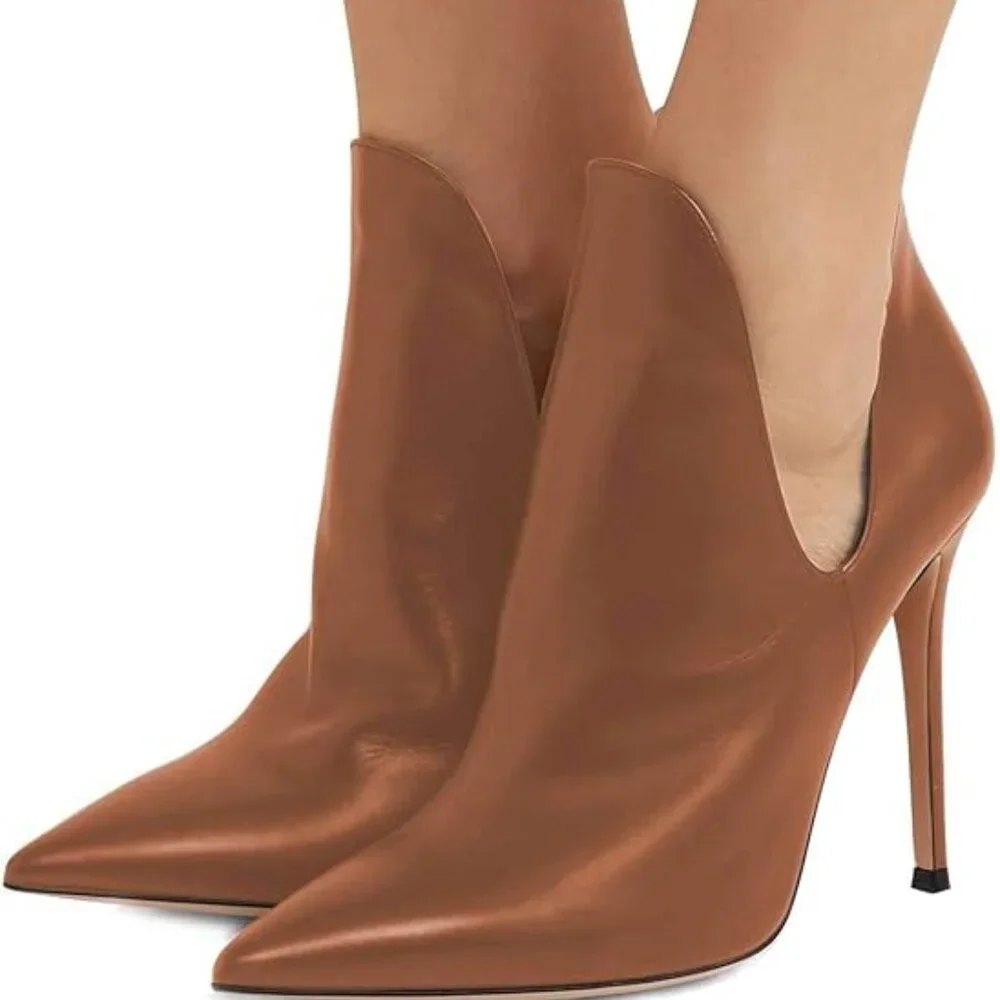 FSJ Brown PointToe Stiletto High Heel Dress Bootie Pump V Cut Ankle Boots Shoes